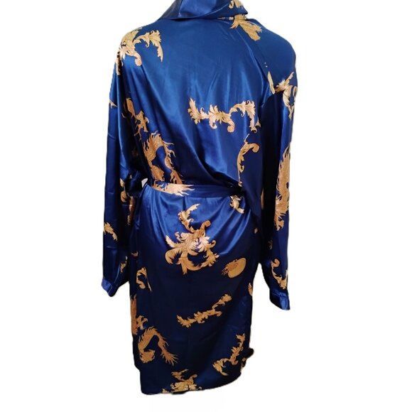 Men's Kimono Blue Robe Gold Dragon Print - Picture 5 of 10